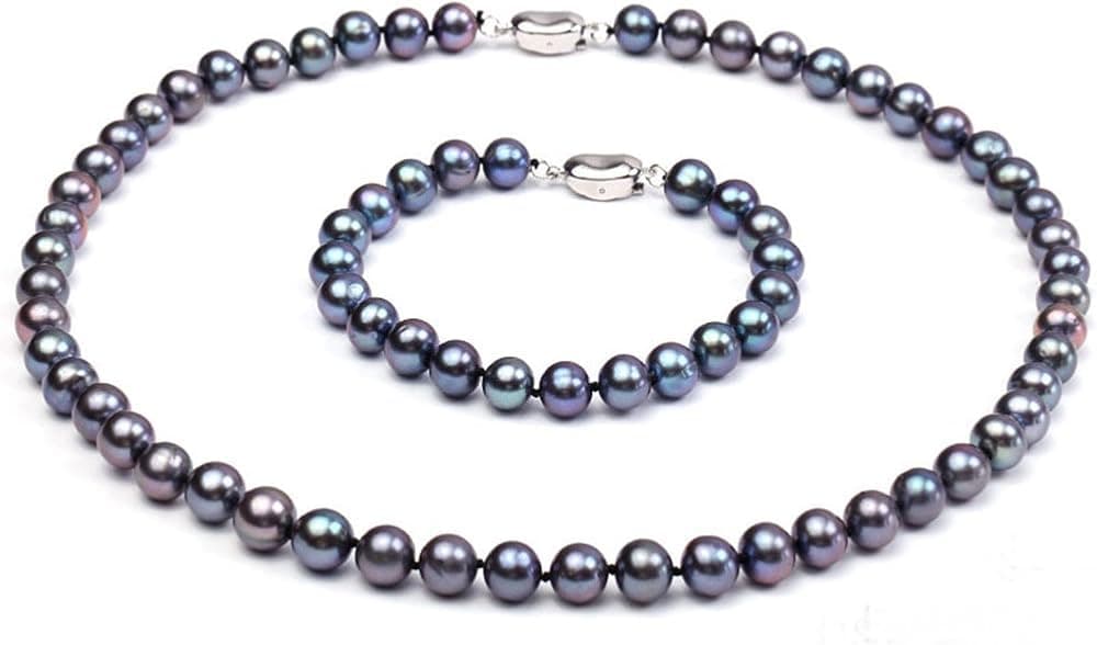JYX Pearl Necklace and Bracelet AAA 8-9mm Round Black Freshwater Pearl Necklace Set for Women