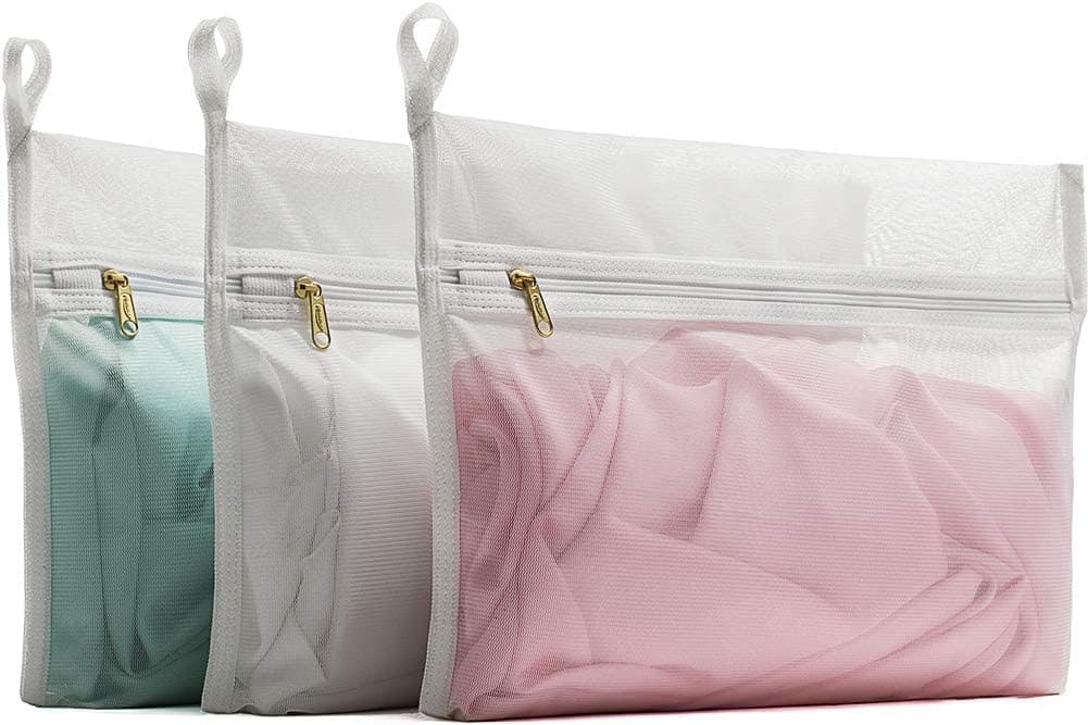 TENRAI Delicates Laundry Bags, 3-Wire Process 3 Times Stronger, Bra Fine Mesh Wash Bag for Underwear, Lingerie, Pantyhose, Socks, Use YKK Zipper, Have Hanger Loops (0 Fluorescent Cloth, 3 Small, QS