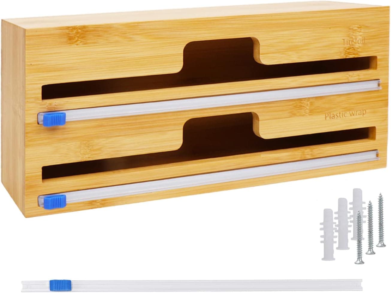 TIH Bamboo Foil and Plastic Wrap Dispenser with 3 Cutter, 2 in 1 Plastic Wrap Organizer for Kitchen Drawer, Wall Mount Wrap Organizer for Aluminum Foil, Wax and Parchment Paper, Up to 12" Roll