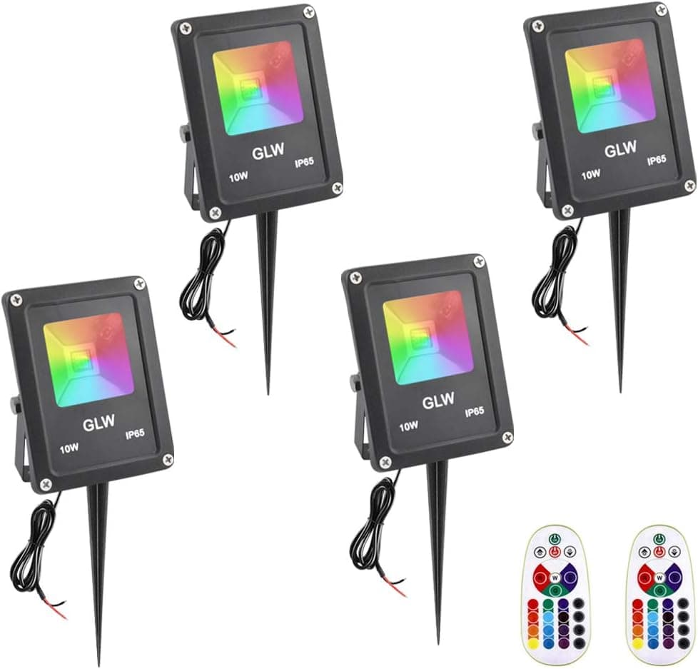 GLW Landscape Lights 10W Color Changing Flood Light with Remote Control IP65 Waterproof 16 Colors Changing 4 Mode 12V Outdoor Spotlight for Garden,Trees and More [4 Pack]