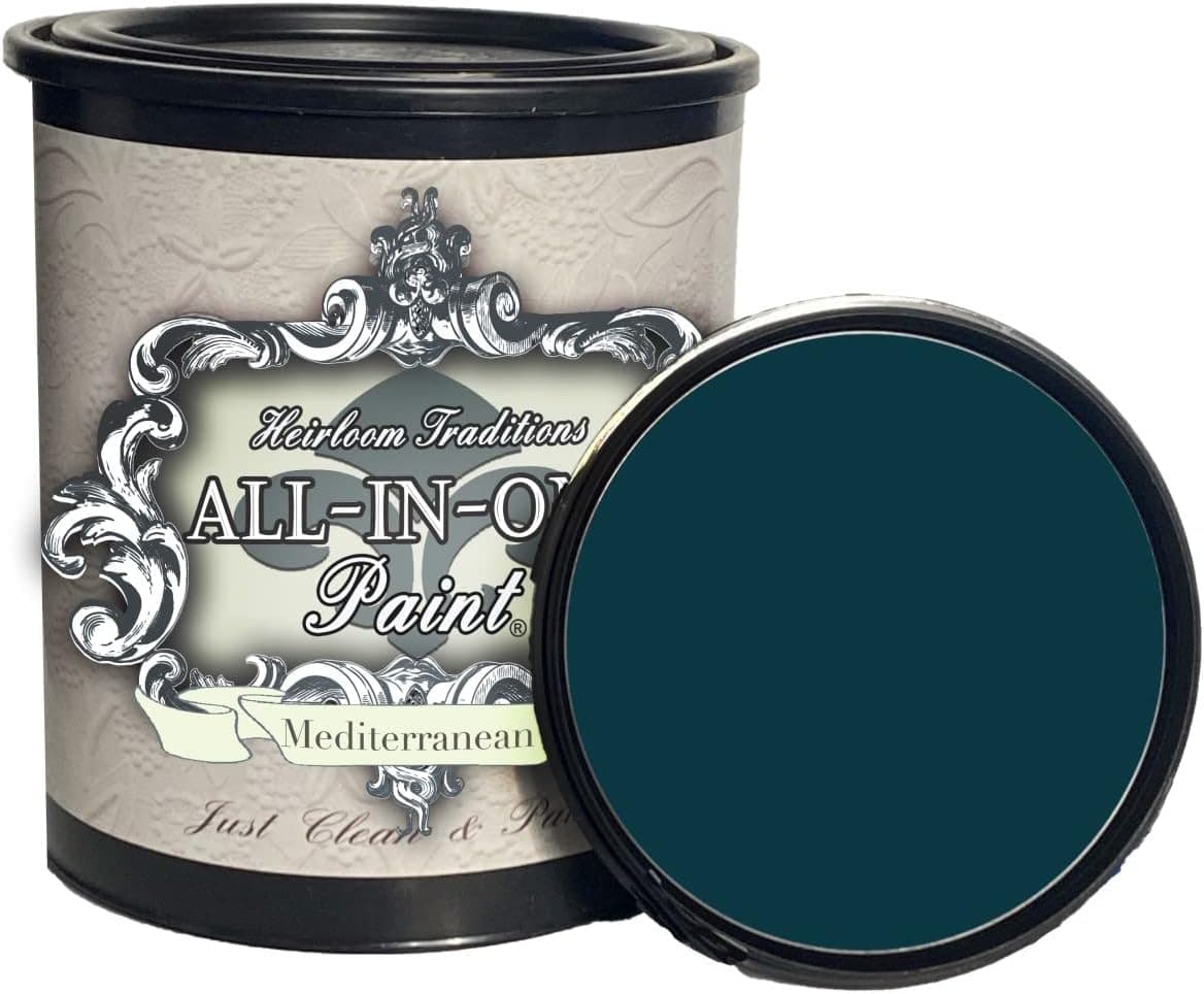 ALL-IN-ONE Paint. Durable cabinet and furniture paint. Built in primer and top coat, no sanding needed. Mediterranean (Blue Teal), 32 Fl Oz Quart
