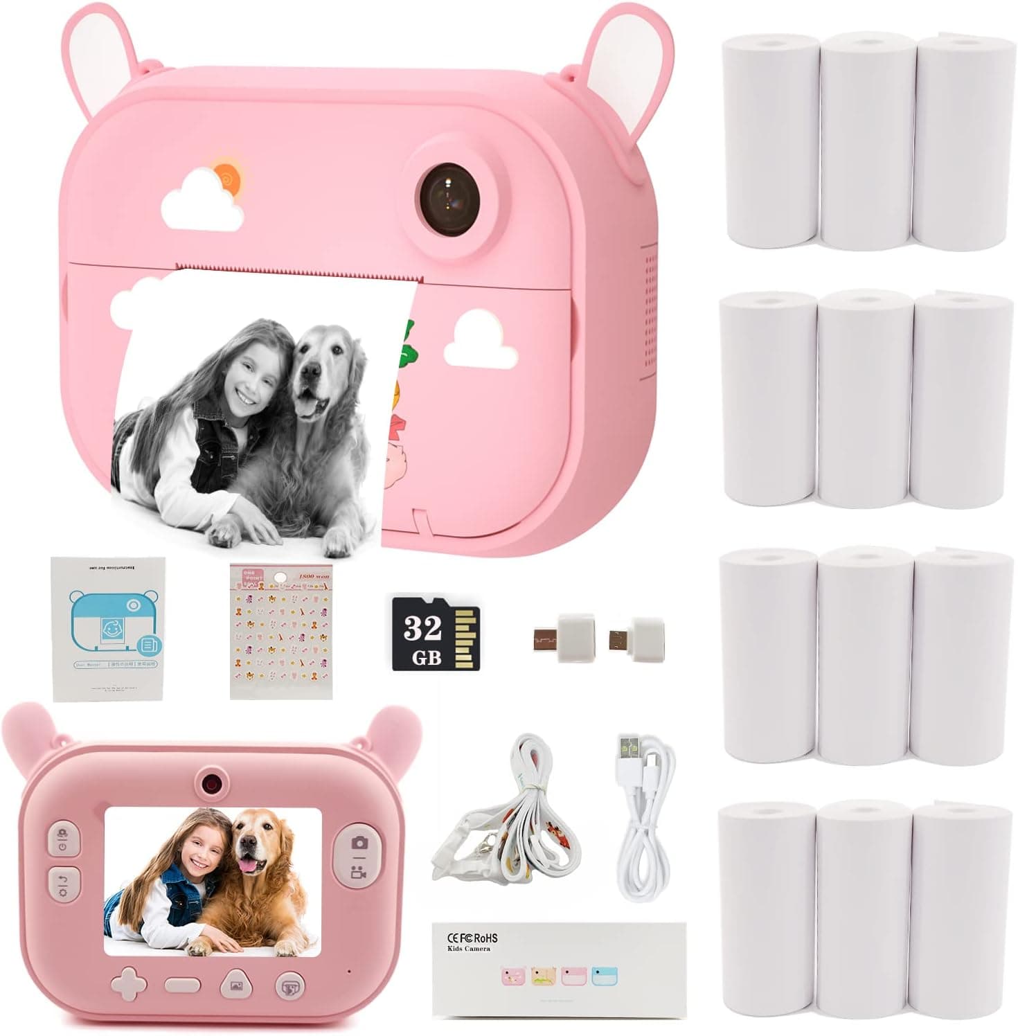 Kids Camera Instant Print Camera with 12 Rolls Refill Print Paper, Christmas Birthday Gifts for Girls Toy Pink Camera Digital Video Selfie Zero Ink Print That Photos Camera with 32GB TF Card