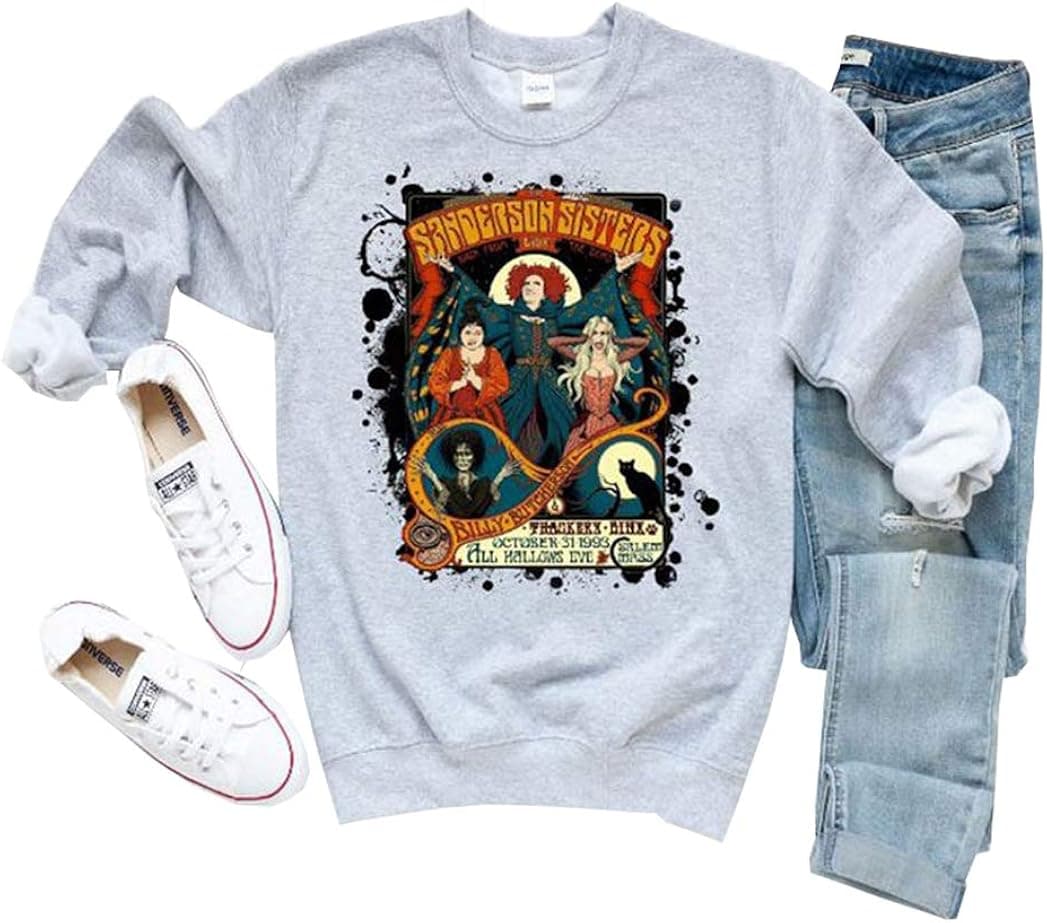Women Sanderson Sisters Cute T-Shirt Novelty Halloween Graphic Tees Short Sleeve Witches Hocus Pocus Fall Shirt for Women (XL, Long Sleeve Grey)