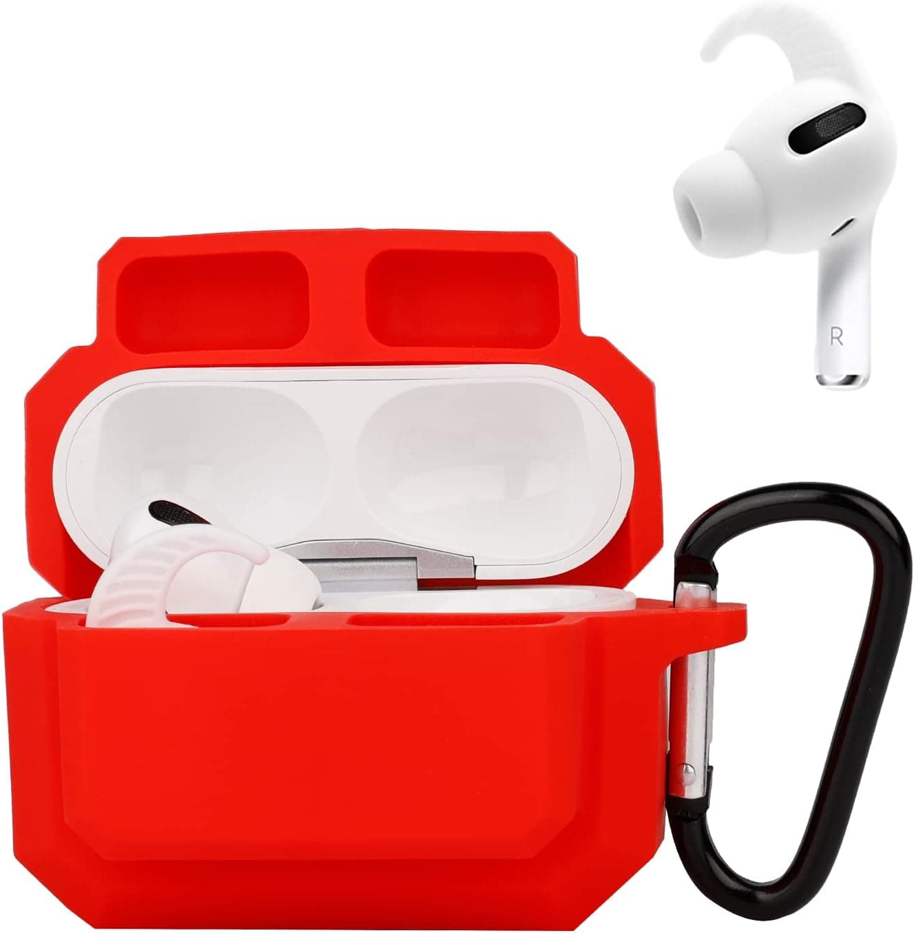 Compatible for Airpods Pro with Keychain and Ear Hooks Cover, 3 in 1 Protective Skin Case for Airpods Pro, Cute Wireless Charging Case for Women Man(Red)