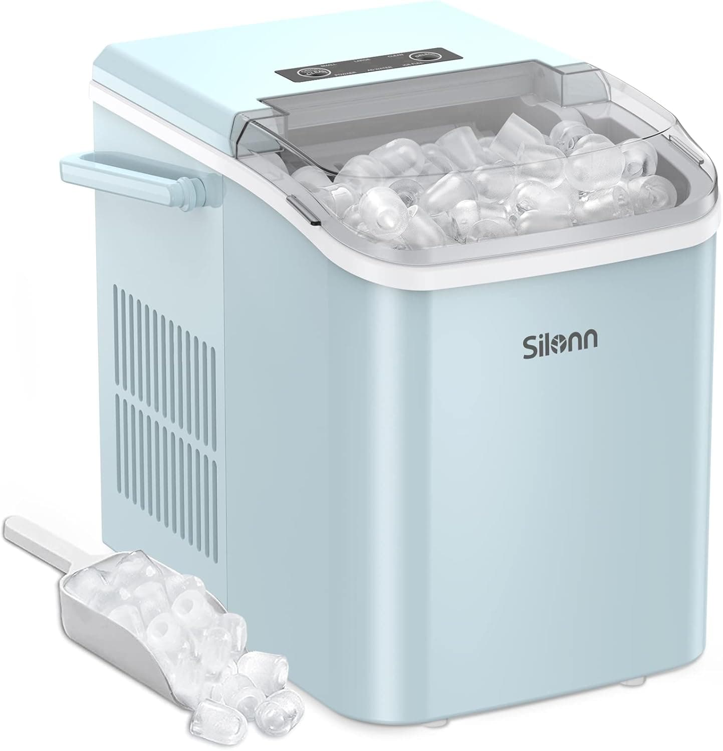 Silonn Countertop Ice Maker Machine with Handle, Portable Makers Countertop, Makes up to 27 lbs. of Per Day, 9 Cubes in 7 Mins, Self-Cleaning Scoop and Basket, Blue, 12 x 9 x 12 inches (SLIM06)