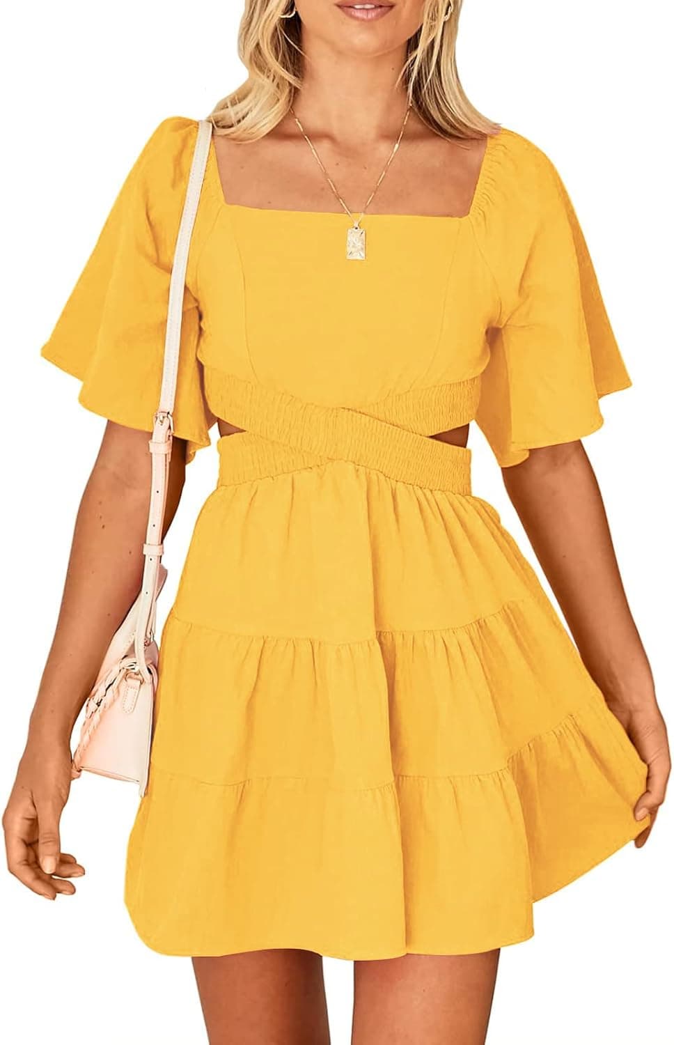 LEANI Womens 2023 Square Neck Cut Out Summer Dress Short Sleeve Crossover Waist Casual Party Mini Dress