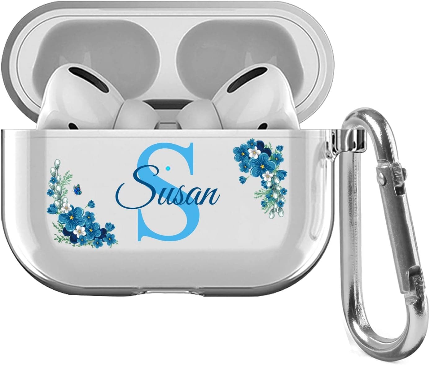 Custom Name & Initial Crystal Clear Airpods Case for Apple AirPod Pro and 3rd Generation,Thin Shockproof Protective Customized Transparent Case(Lake Blue Flowers)