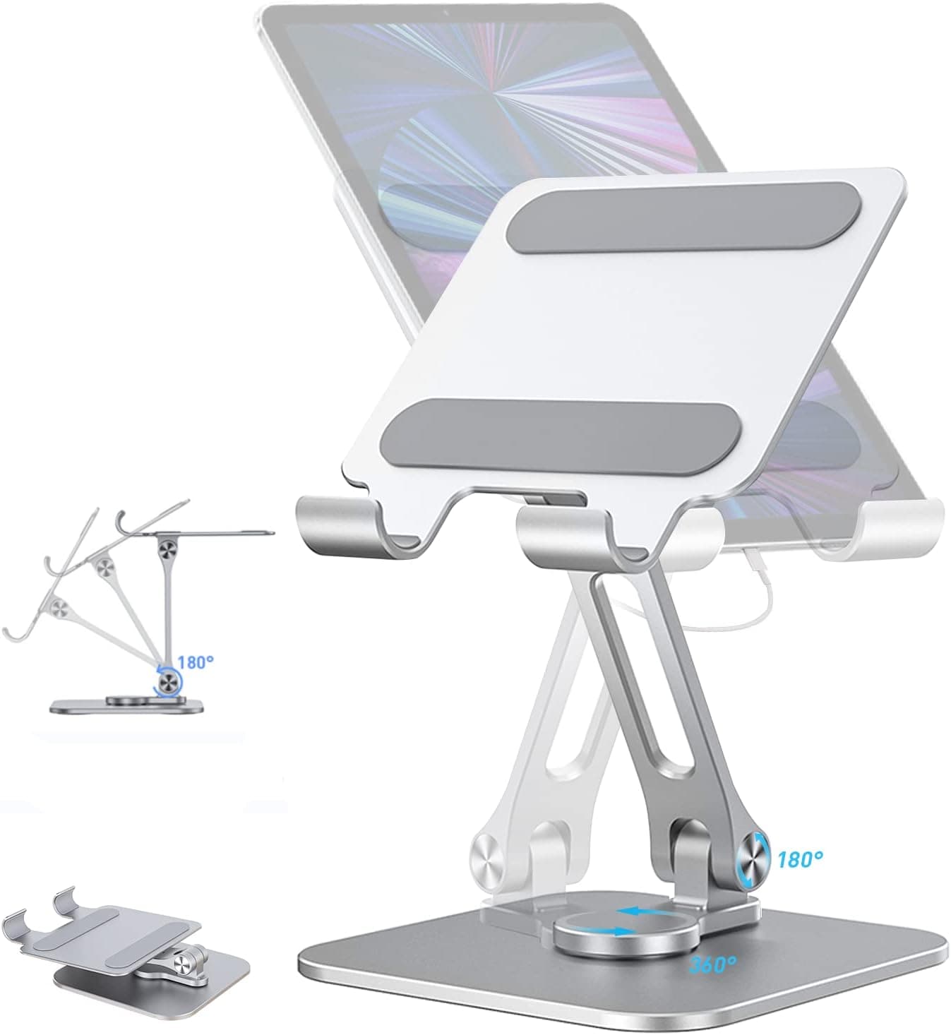 ULBRE 360° Rotating Swivel Tablet Stand for Desk Any iPad Pro, 3-Axis Foldable POS iPad Holder Adjustable Air Mini Samsung, Aluminum