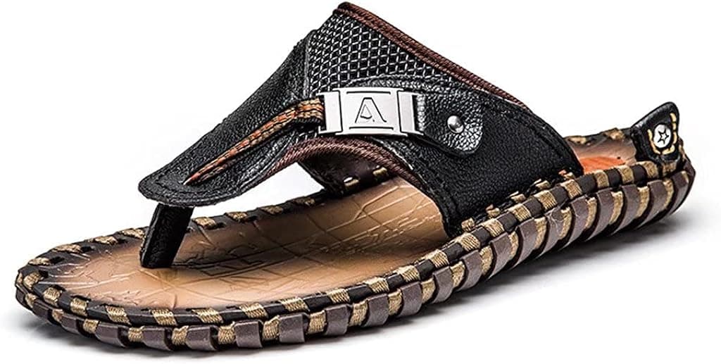 Mens Flip-Flops Thong Sandals Summer Casual Leather Fishermen Flip-Flops Men Beach Slippers Fashion Anti-Slip Lightweight Sandals Outdoor Comfortable