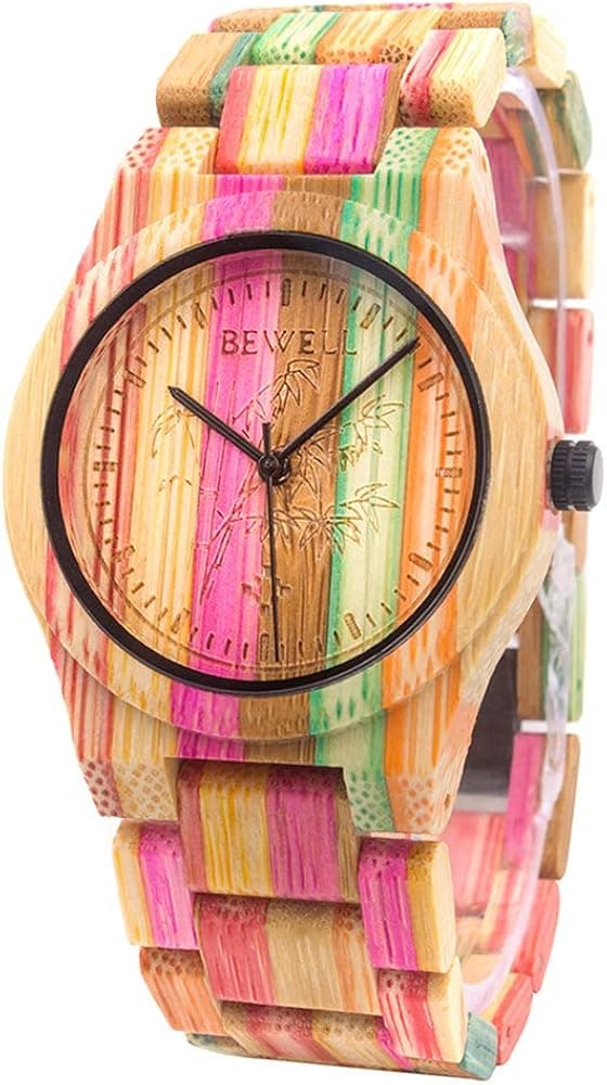 BEWELL Wooden Watch for Men Analog Quartz Light Handmade Bamboo Wrist Watches with Colorful Strap