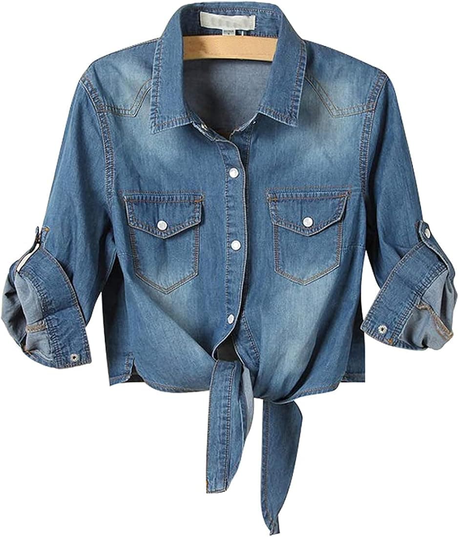SeekMe Women's 3/4 Roll Sleeve Tie Front Knot Denim Shirt Jean Crop Top Cardigan