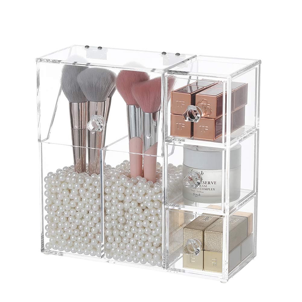 HOSEN Makeup Brush Holder Clear Acrylic Makeup organizer，Dust-proof Cosmetic Storage Case with 2 Brush Holders and 3 Drawers with Free Pearls