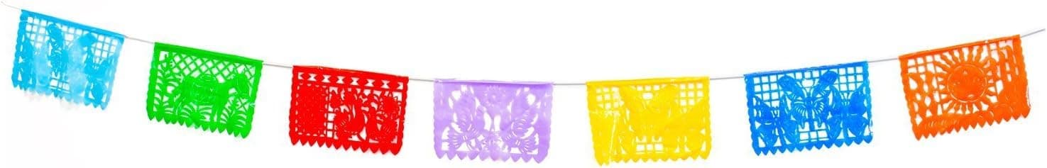 Large Plastic Mexican Garland Multicolor Plastic Papel Picado Colorful Cutout Banner Various Designs - Over 15 Ft. Long - Party Decorations