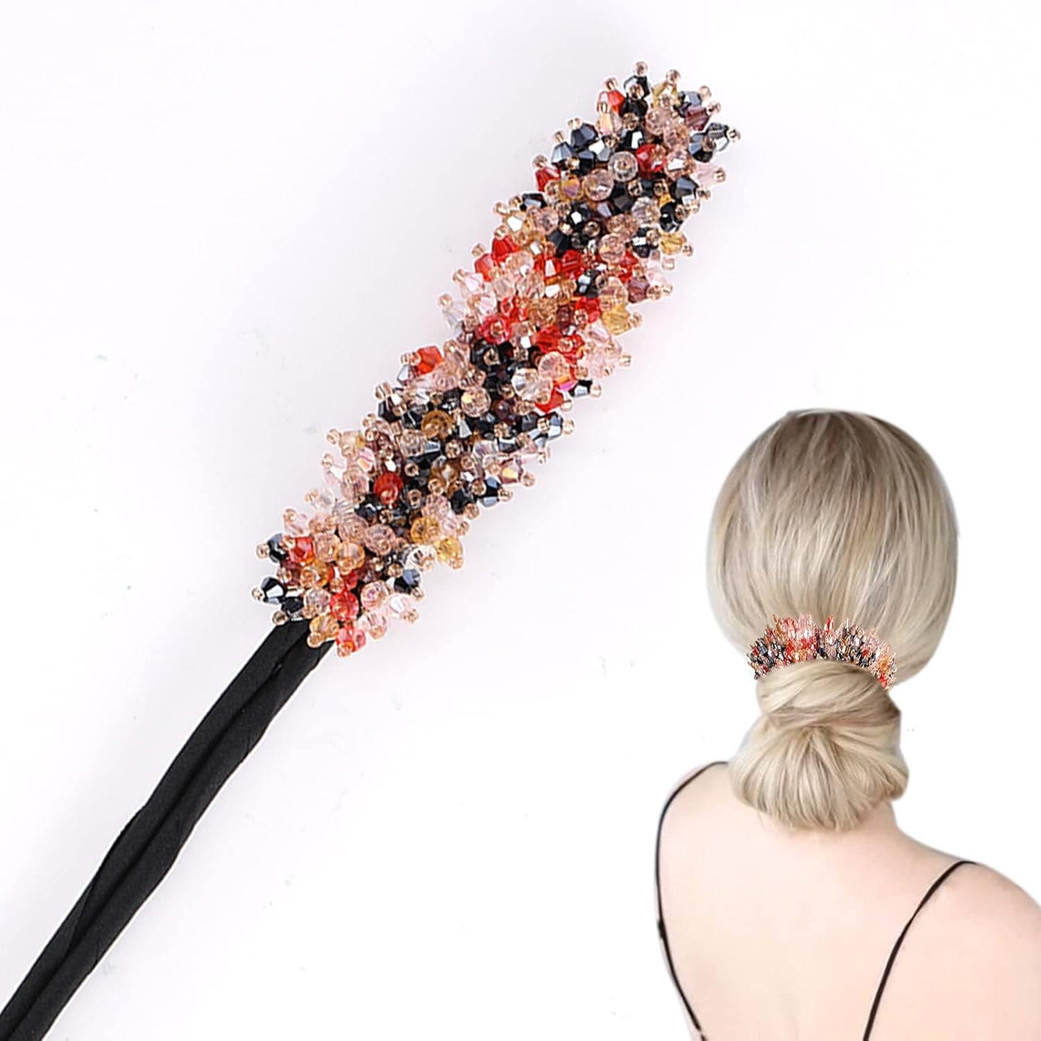 TIGARI Rhinestone Hair Donut Bun Maker, Hair Bun Maker for Thin Hair, Fashionable Bun Maker, Women Fashion Elegant Donut Hair Bun Rhinestone Glass Beads Magic Hair Curler (Red)