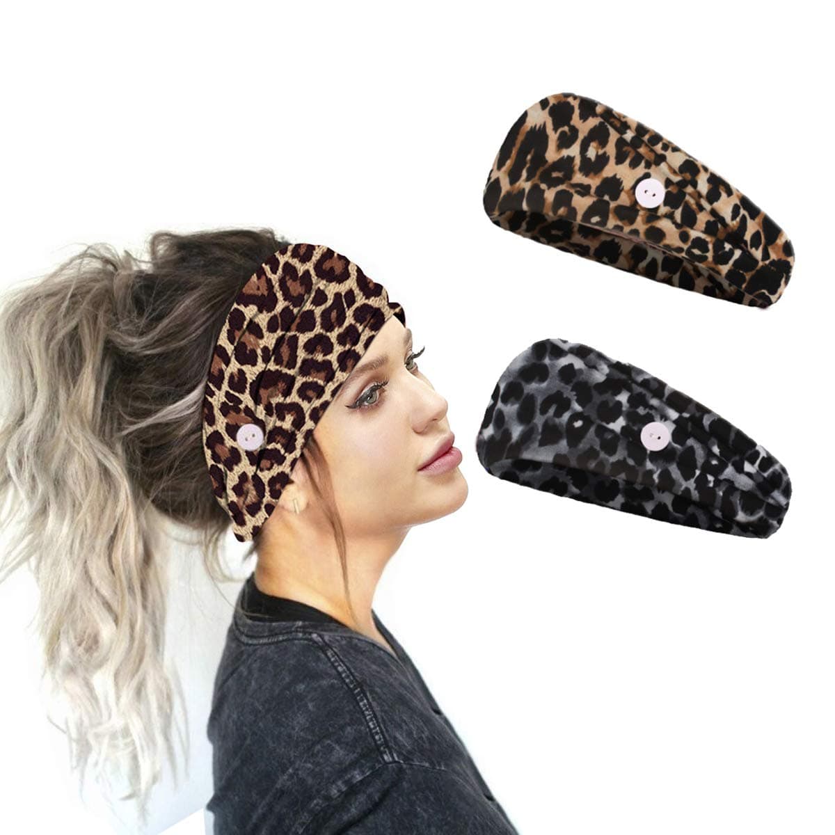 Aaiffey Women Headband with Buttons for Face Masks and Covers, Leopard Print Headbands Vintage Stylish Head Wrap Hair Band Bohemia Hair Accessories 2Pcs