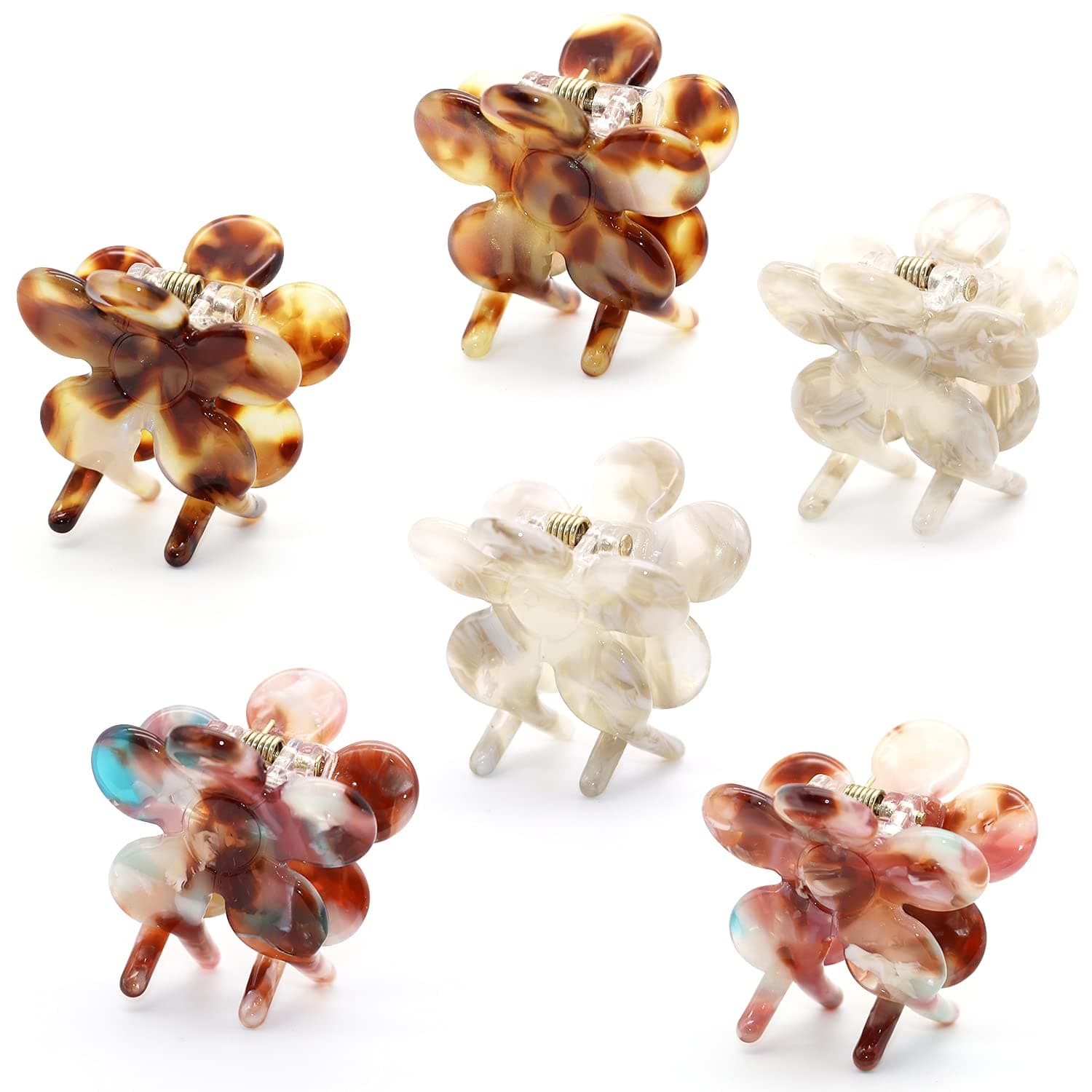 Cobahom 6 Pack Mini Hair Clips Flower Hair Claw Clips Tortoise 1.26 Inch Hair Clip Cellulose Acetate Jaw Clamps for Thin Hair Styling Accessories No-Slip Hair Clamp for Women, Little Girl and Pet, Cool gray, Floral color, and Coffee color