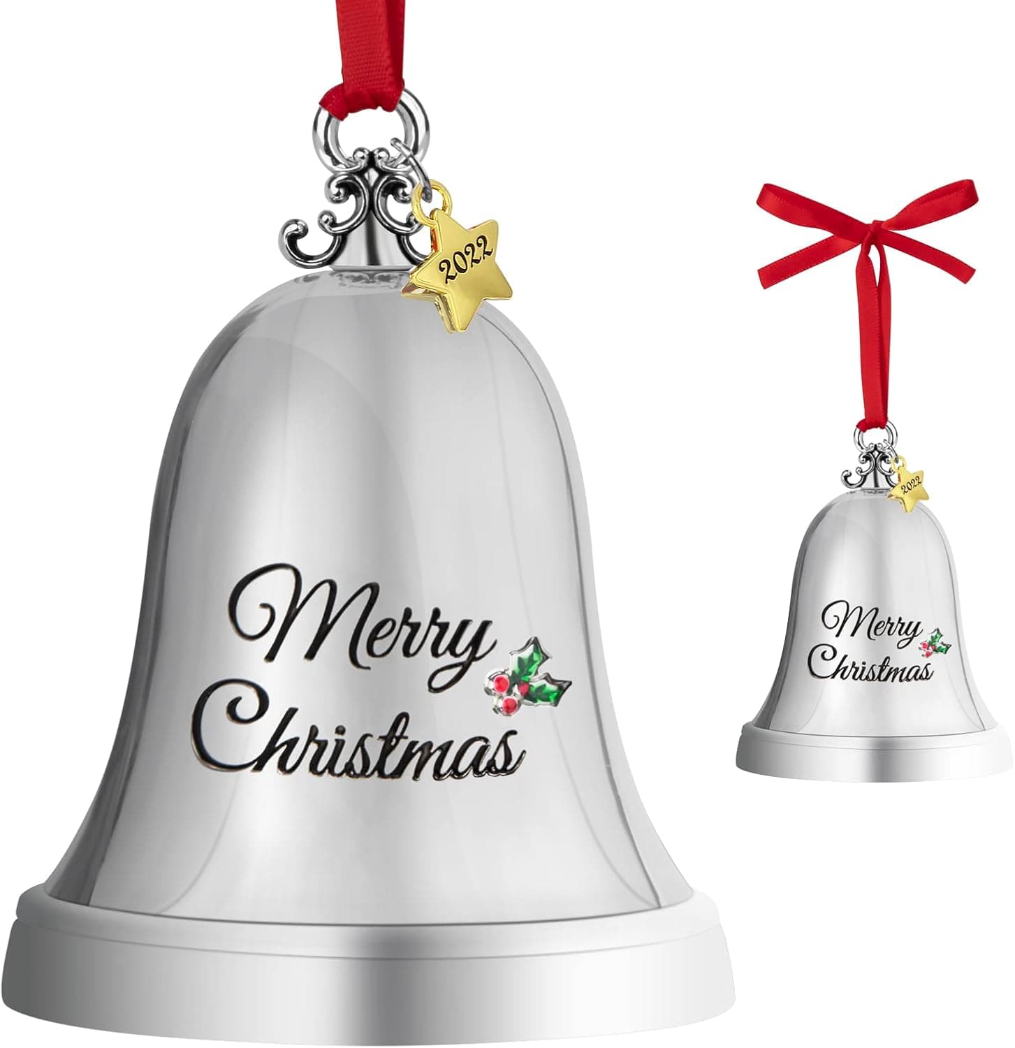 LARAINE Christmas Ornament Bell 2022 Silver Jingle Bell Hanging Ornament with Golden Metal Tag for Christmas Tree Decorations Engraved Metal Bell Star Tag (2022)