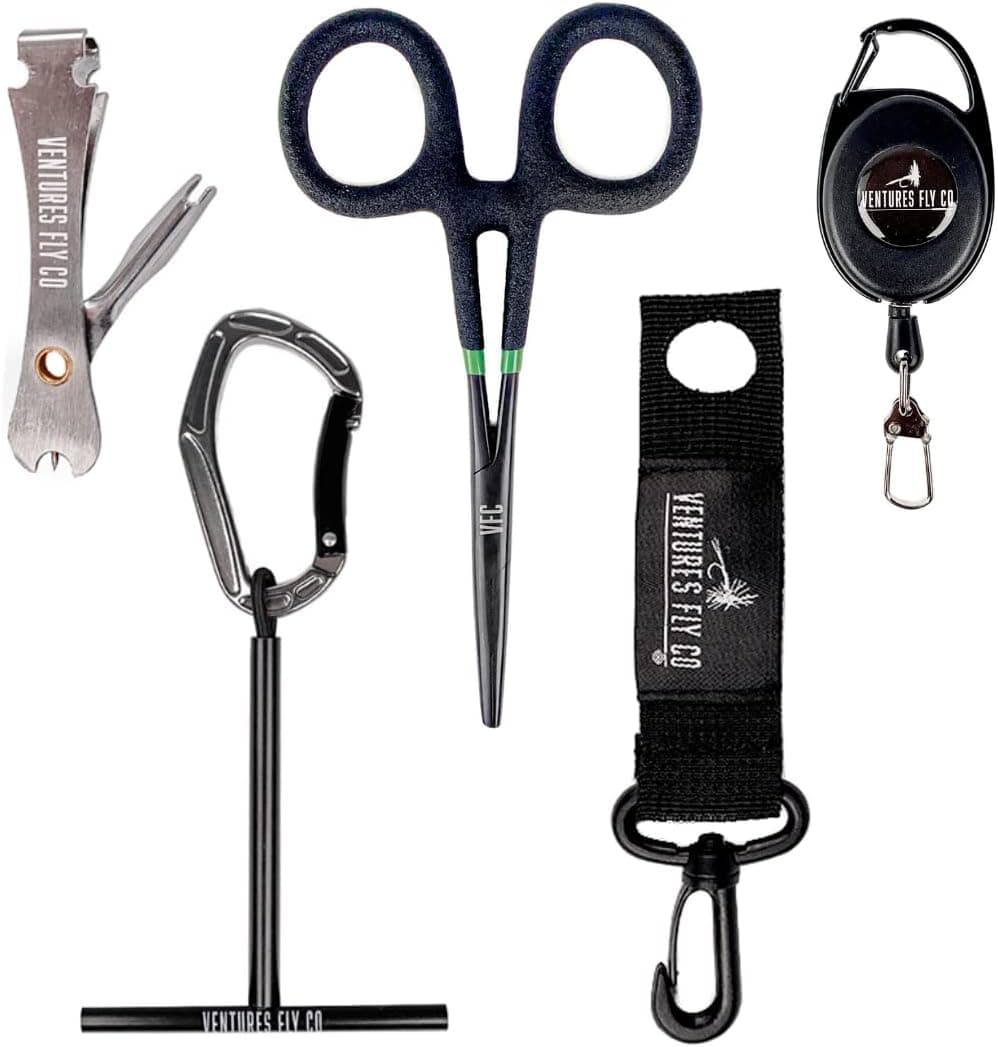 VENTURES FLY CO. | Fly Fishing Accessories Pack | Nippers & Nail Knot Tying Tool Combo, Hook Remover Forceps & Pliers, Tippet Holder, Floatant Caddy, Zinger Retractor | Trout Gear Assortment Kit