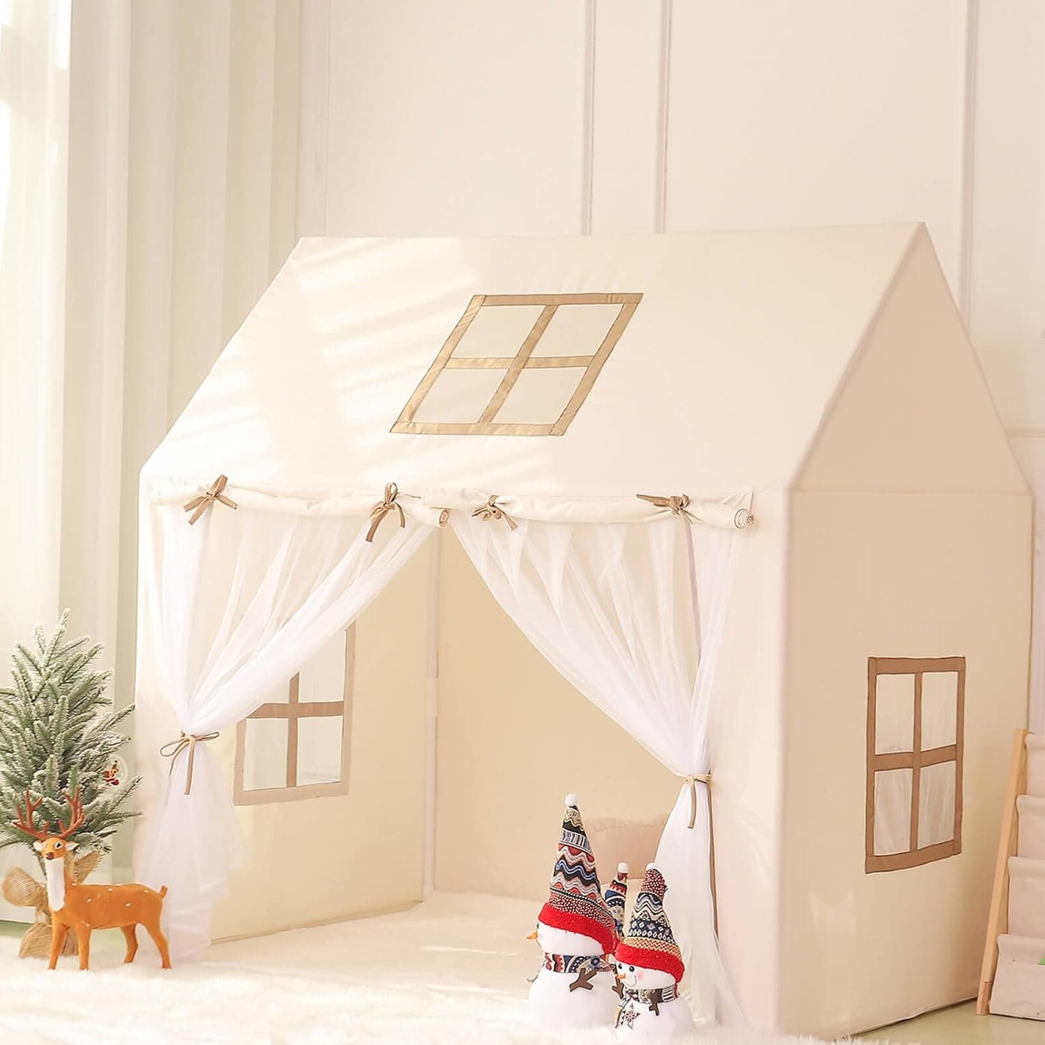 Kids Play Tent for Girls Boys Children Play House with Windows Teepee Indoor and Outdoor Princess Tent for Kids Toddler Tent Large Kids Playhouse,White House Tent，Lucky Castle
