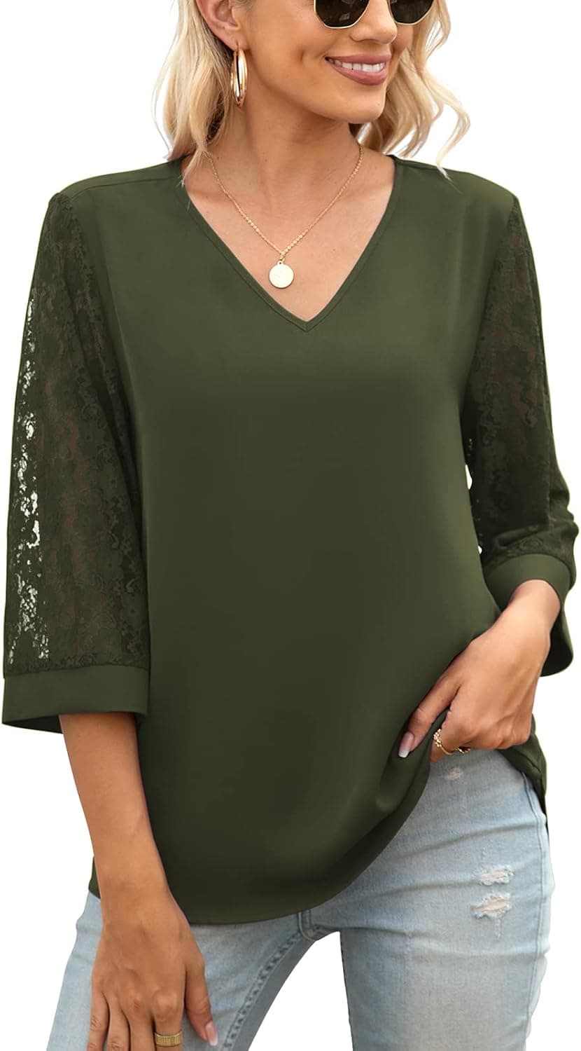 QUEZHU Women's Elegant V Neck 3/4 Sleeve Chiffon Blouses Tops Business Casual Work Office Shirts