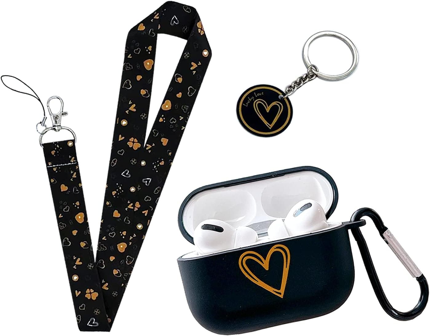 HZDYDYP Exquisite Cute Romantic Gold Heart Design Elements Soft TPU Airpods Pro Case,with Lucky Heart-Shaped Lanyard Keychain,Suitable Fashion Women Girl Airpods Pro Case- Black