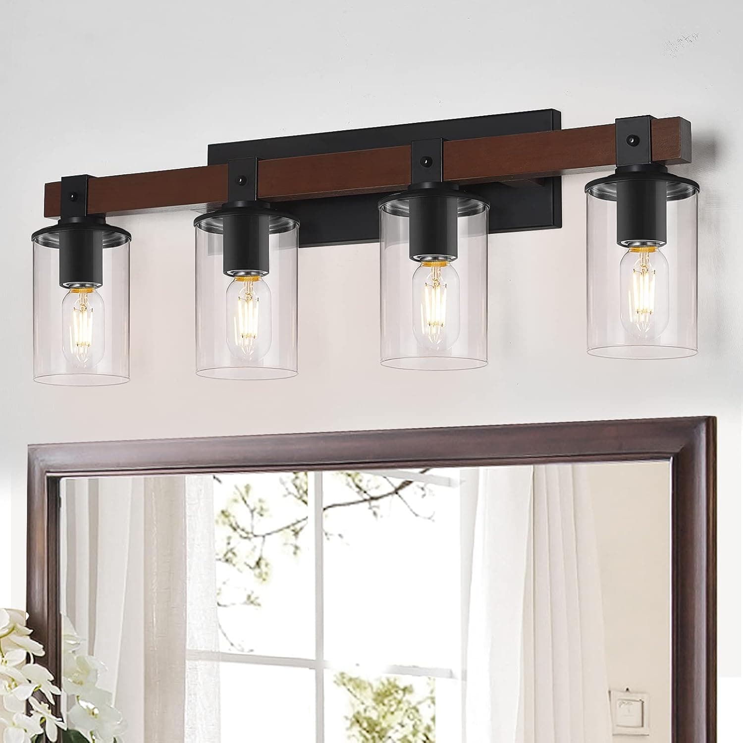 Bathroom Vanity Light, 4-Light Rustic Wood Vanity Light, with Metal Base Bathroom Light fixtures. Suitable for Bathroom, Dressing Table, Hallway（Reddish Brown）