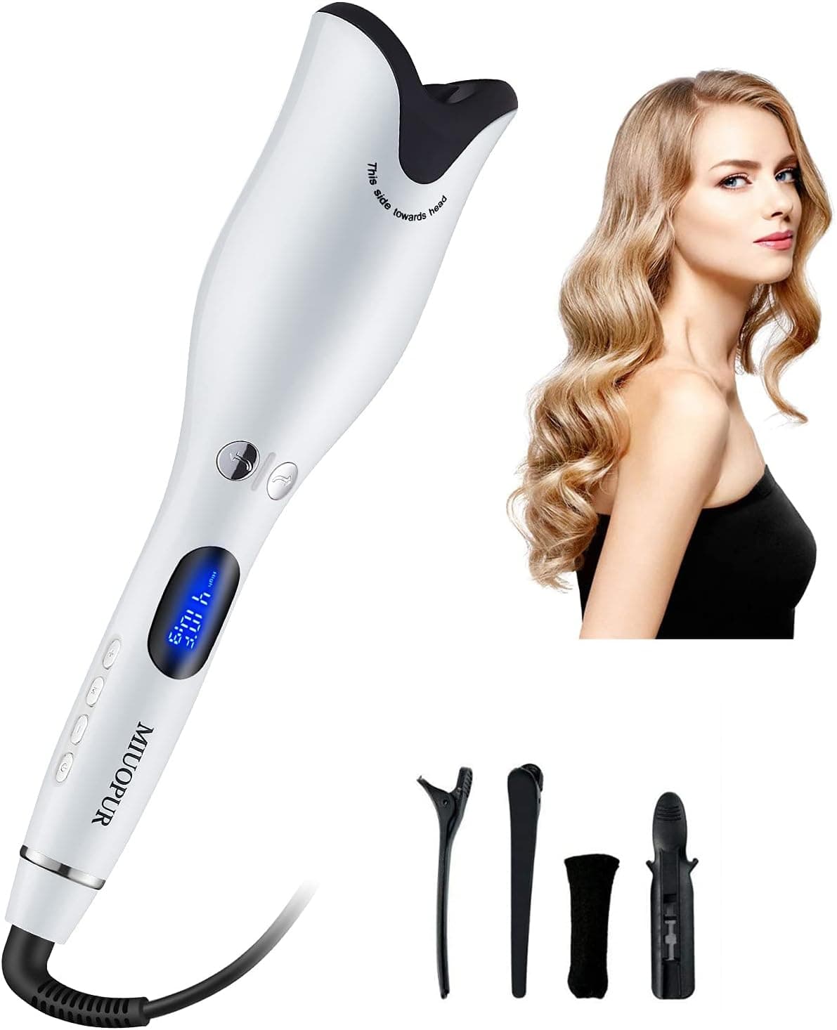 MIUOPUR Automatic Hair Curling Iron with Ceramic Ionic Barrel, Smart Anti-Stuck, Auto Rotating Hair Curling Wand with Temperature Display and Timer, Professional Hair Curler Styling Tool - White.