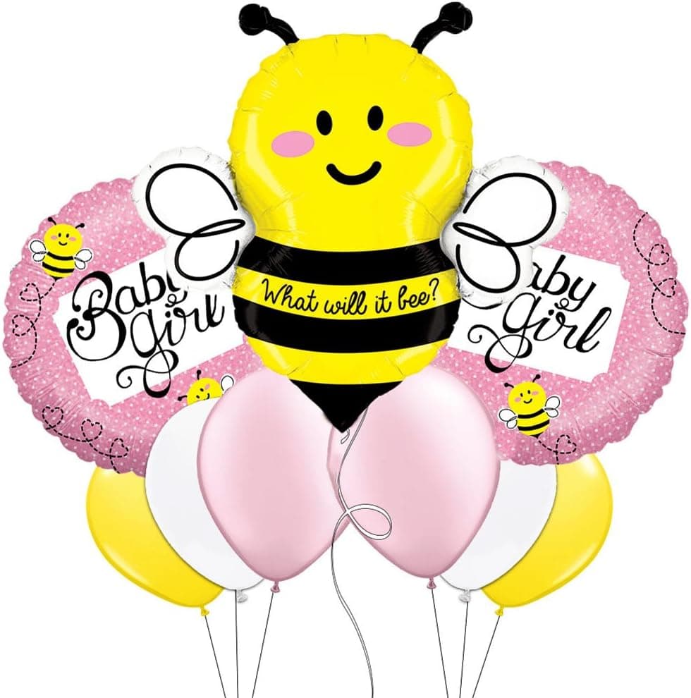 Custom, Fun & Cool 9 Pack of Helium & Air Inflatable Mylar/Latex Balloons w/ What Will It Bee Baby Girl Bumble Bee Design [Variety Assorted Multicolor in Pink, Yellow, Black, Gray & White ]