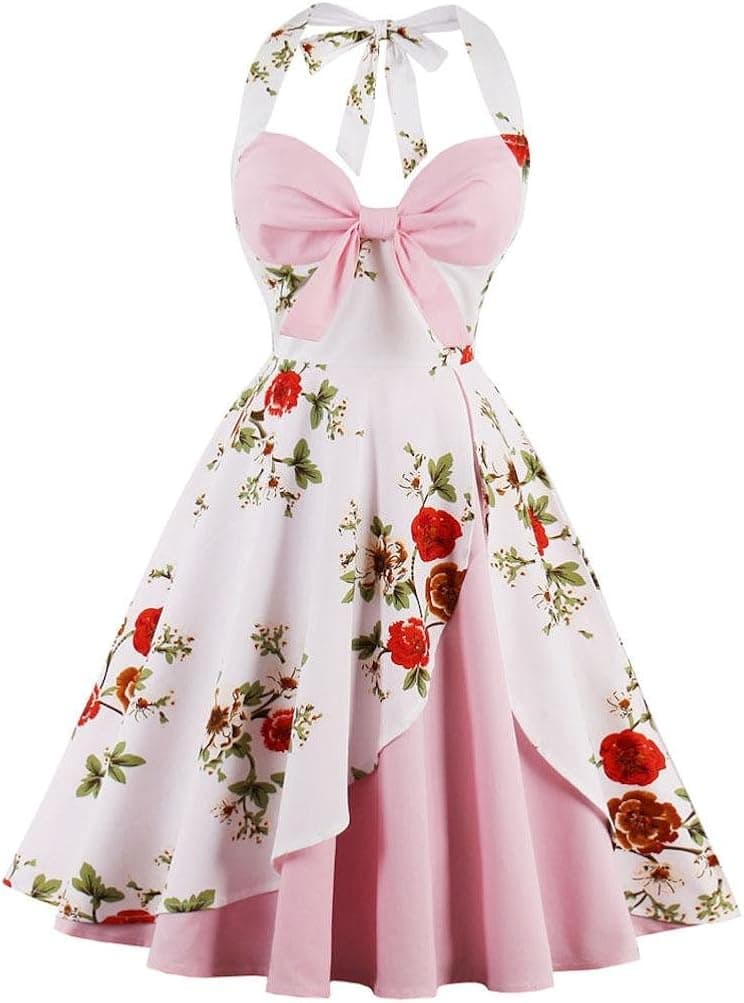 Ayli Women's Halter Sleeveless 1950s Retro Vintage Style Hollywood Flower Cocktail Swing Dress
