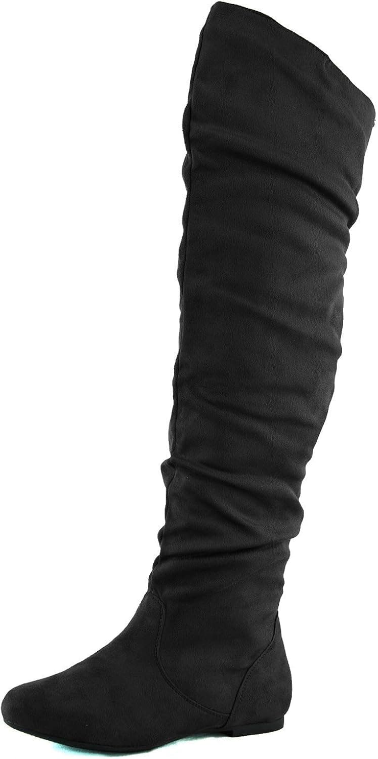 Women's Over The Knee Slouchy Flat Boots Knee High Low Heel Shoes Thigh High Boots Black Suede 11