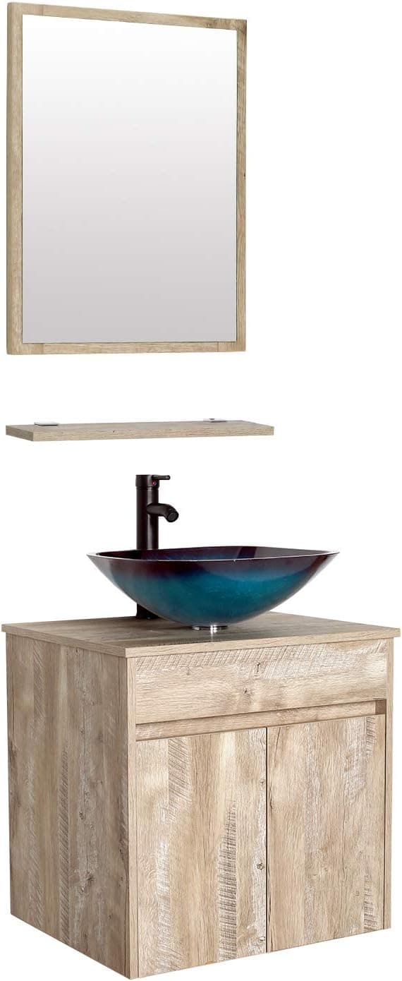 eclife 24” Bathroom Vanity Sink Combo Wall Mounted Natural Cabinet Vanity Set Ocean Blue Square Tempered Glass Vessel Sink Top, W/ORB Faucet, Pop Up Drain & Mirror (A04E03AK)