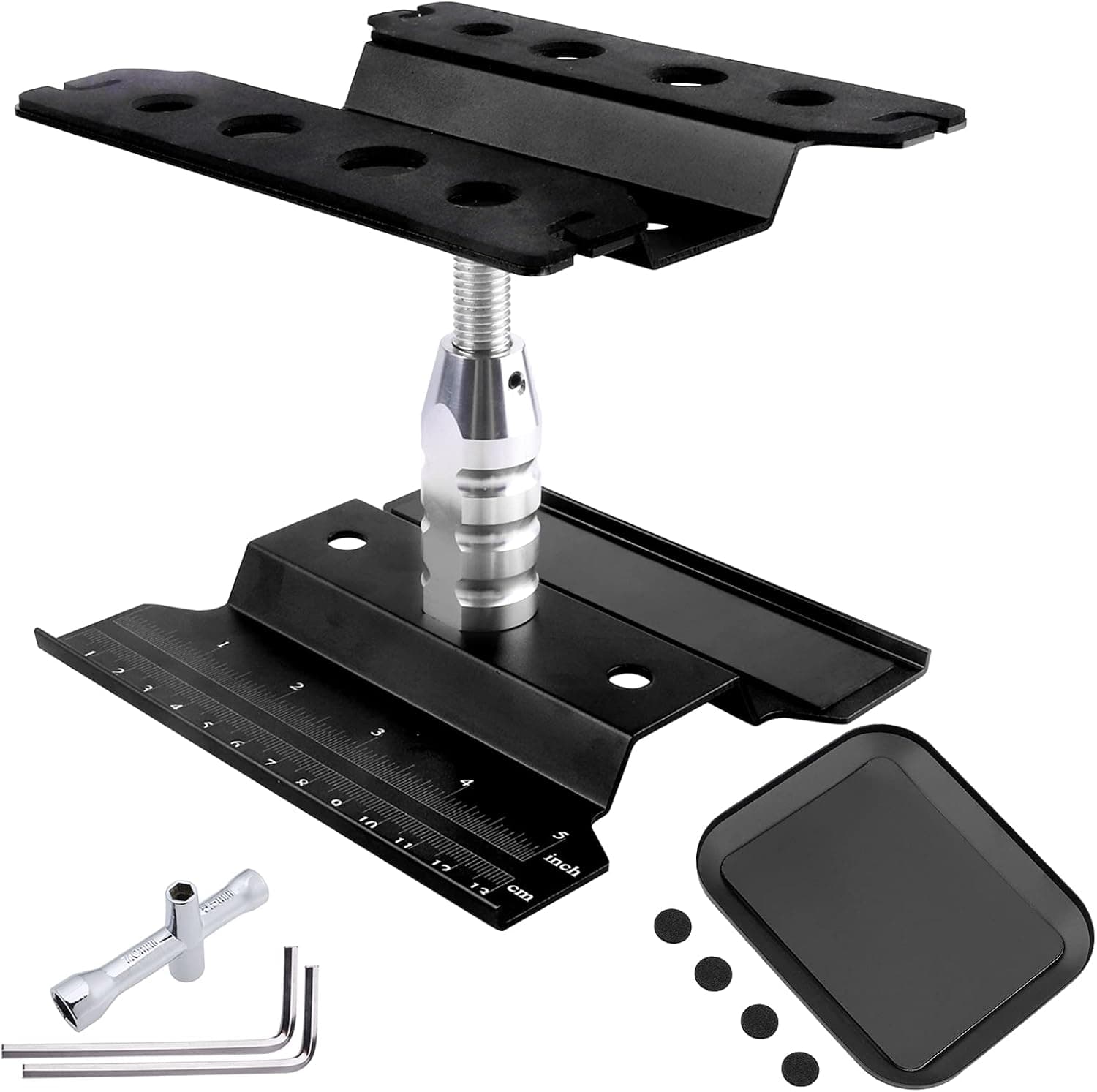 RC Car Work Stand Aluminum Repair Workstation 360 Degree Rotation Lift Lower w/Screw Tray Tools for 1/10 1/12 1/16 Scale Traxxas TRX4 Axial Arrma Redcat Losi RC Crawler Monster Truck Buggy (Black)