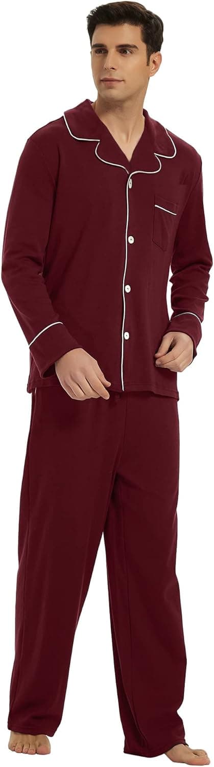 U2SKIIN Mens Cotton Pajama Set, Soft Long Sleeve Pajamas for men Lightweight Button Up Sleepwear Lounge Pjs Set with Pockets