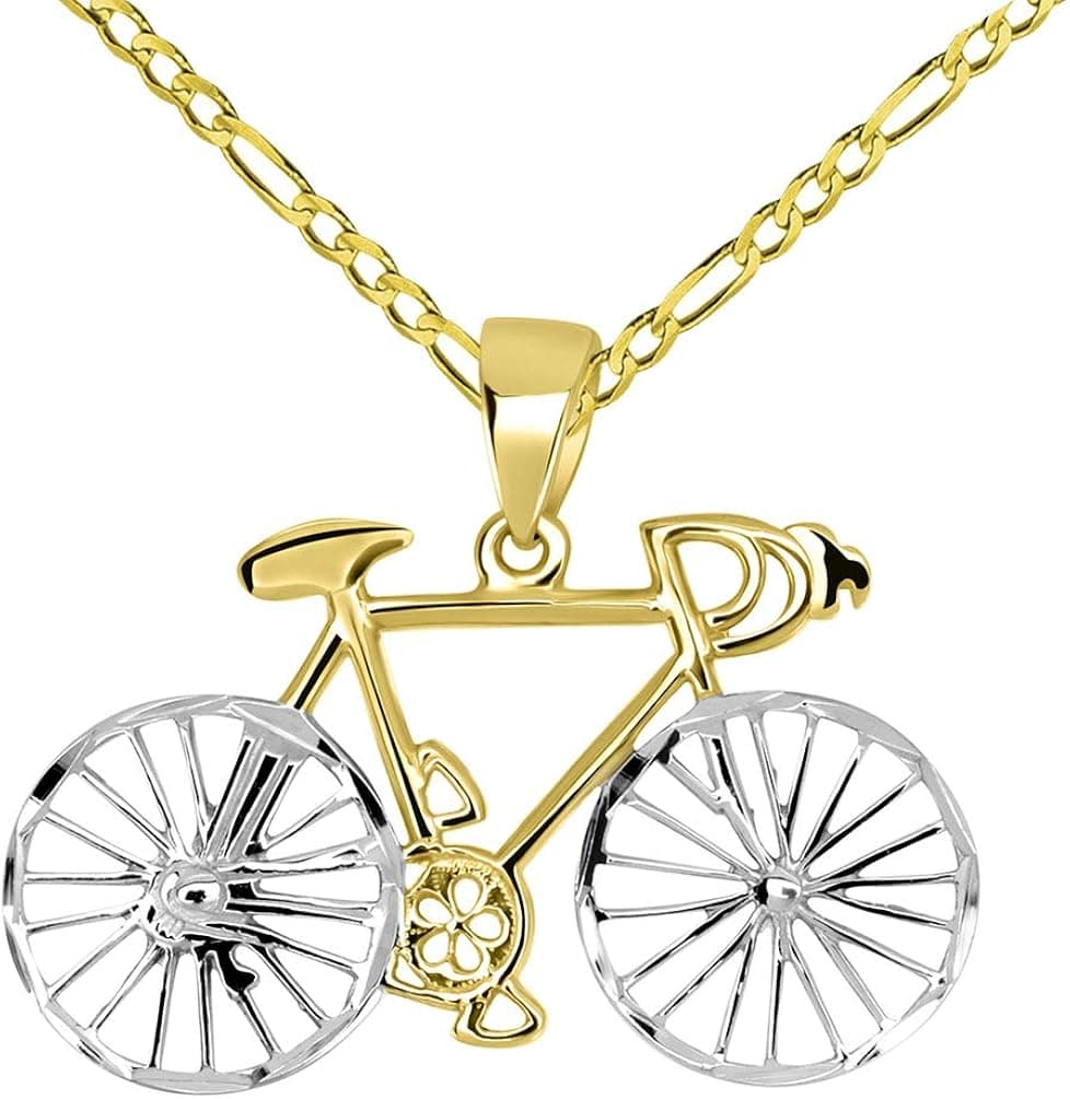 14k Yellow Gold Two-Tone Bicycle Bike with Textured Wheels Pendant Figaro Chain Necklace