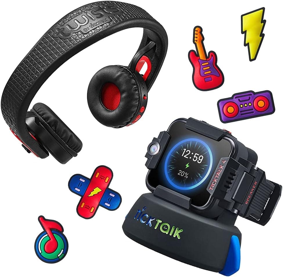 TickTalk 4 All in One Bundle (Black 4 Watch On GSMA Network + Black Headphone + Black Power Base + Rock Out Watch Charms)
