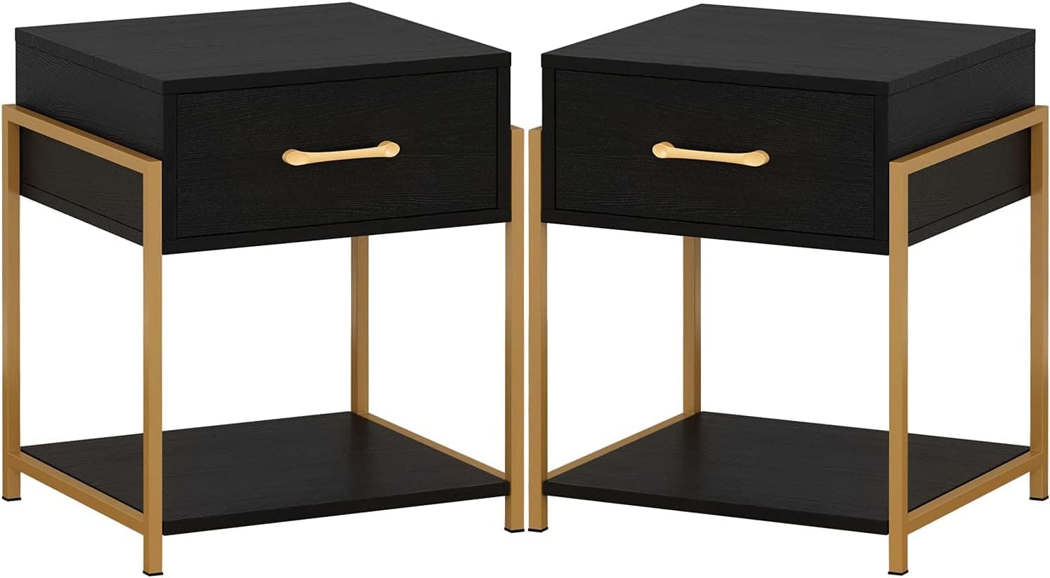 FAMAPY Nightstand Set of 2 with Drawer & Shelf, End Table Modern Industrial Bedside Table with Metal Frame Side Table for Bedroom Black (17.1”L x 14.8”W x 20.2”H)