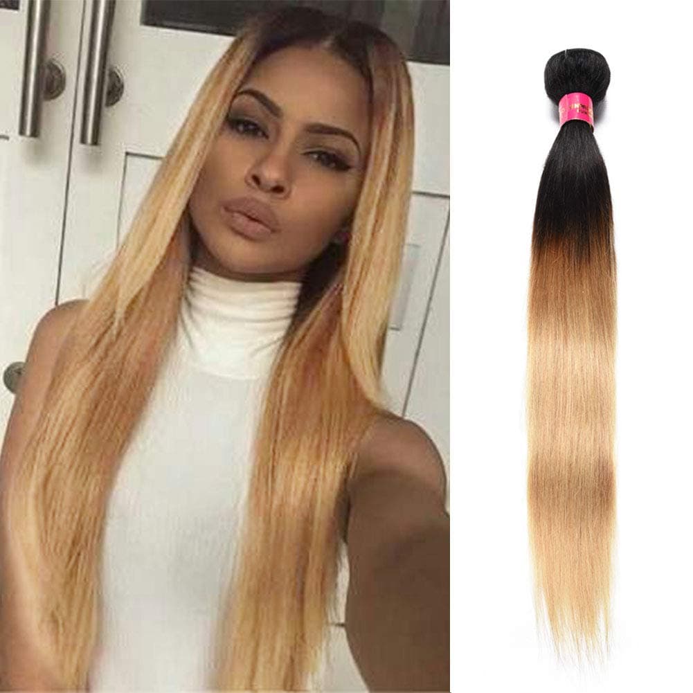 FASHION LADY Peruvian Human Hair Bundles Weave 8A Unprocessed Virgin Straight Human Hair Weave Bundles Black to Blonde Color(24Inch 1B/27#)