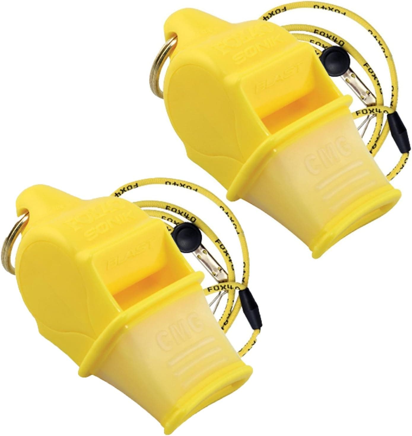 Fox 40 Sonik Blast Cushion Mouth Group Sports and Safety Loud Whistle with Lanyard, Yellow (2 Pack)