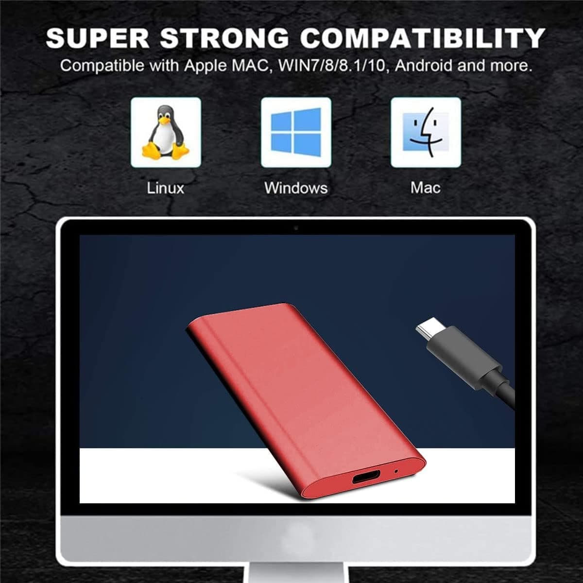 POENOWNE External Solid State Drive 2000GB high Speed USB 3.1 Type-C Protable External SSD Hard Drive 2000GB External SSD Hard Drive Protable Hard Drive Compatible with Desktop and Mac (Red)
