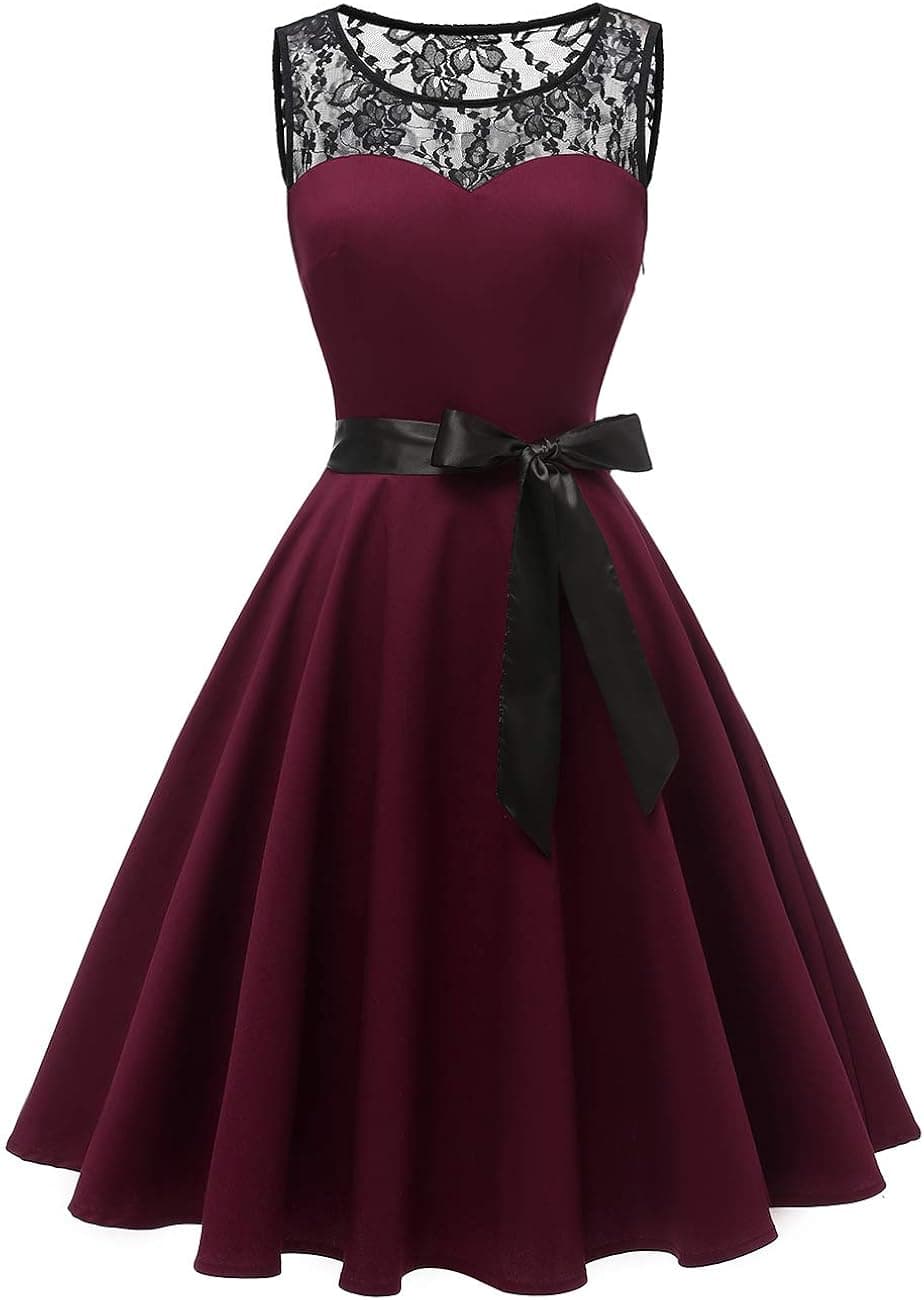 Kingfancy 50s Homecoming Dress, 1950 Cocktail Lace Vintage Dresses Crew Neck Prom Midi Dresses