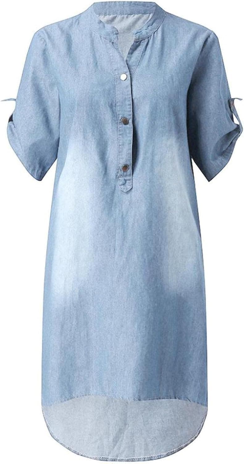 IIYUO Ladies Casual Skirts Summer Denim Dress V Neck Half Sleeve Casual Dress Loose Turn-Down Collar Cotton Blue Dress