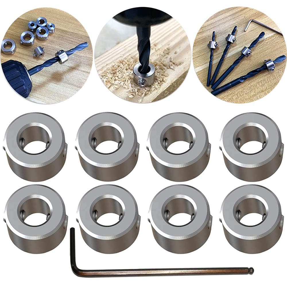 Depth Stop Collar Durable, CESFONJER Ring Positioner Spacing Positioner Locator(ID:6mm,8pcs) for Woodworking Drill Bit Consistent Drilling, with Hex Wrench
