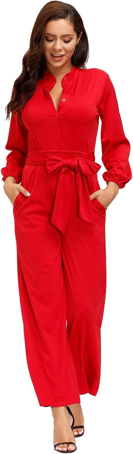 Ophestin Womens Long Sleeve Jumpsuit for Work Wide Leg Pants Rompers with Belt