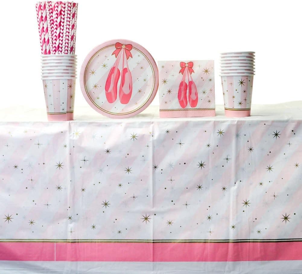 Twinkle Toes Party Supply Pack for 16 Guests: Straws, Dessert Plates, Beverage Napkins, Cups, and Tablecover