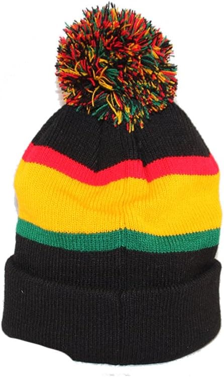 Hat Reserve Winter pom Cuffed Black Beanie with Jamaican Colored Stripes