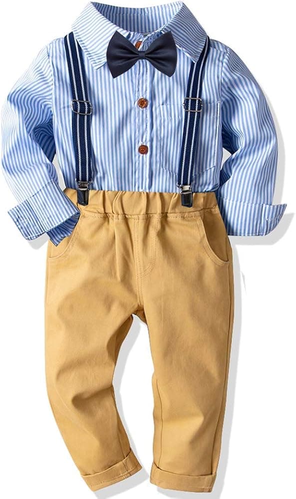 Baby Boys Formal Outfit Toddler Boys Gentleman Set Long Sleeves Shirt+Suspender+Pants+Bow Tie 4Pcs Wedding Suit