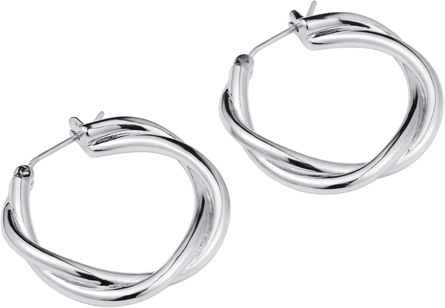 Twisted Hoop Earrings 14k Gold Plated 925 Sterling Silver Post Earrings, White Gold Earrings for Women, 1.03 inch