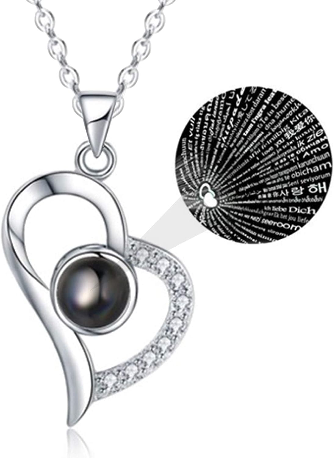LUCISKY 925 Sterling Silver I Love You Necklace 100 Languages Jewelry Pendants Love Heart 5A Cubic Zirconia for Her Women Romantic Gifts- Chain Length 40 + 5 cm