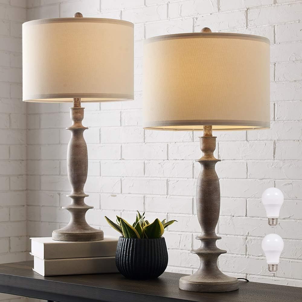 ARPENTER 29" H Table Lamp Set of 2 for Living Room or Bedroom, 9.5W LED Bulbs Included, Large Tall Farmhouse Wood Finish Table Lamps with White Linen Shade