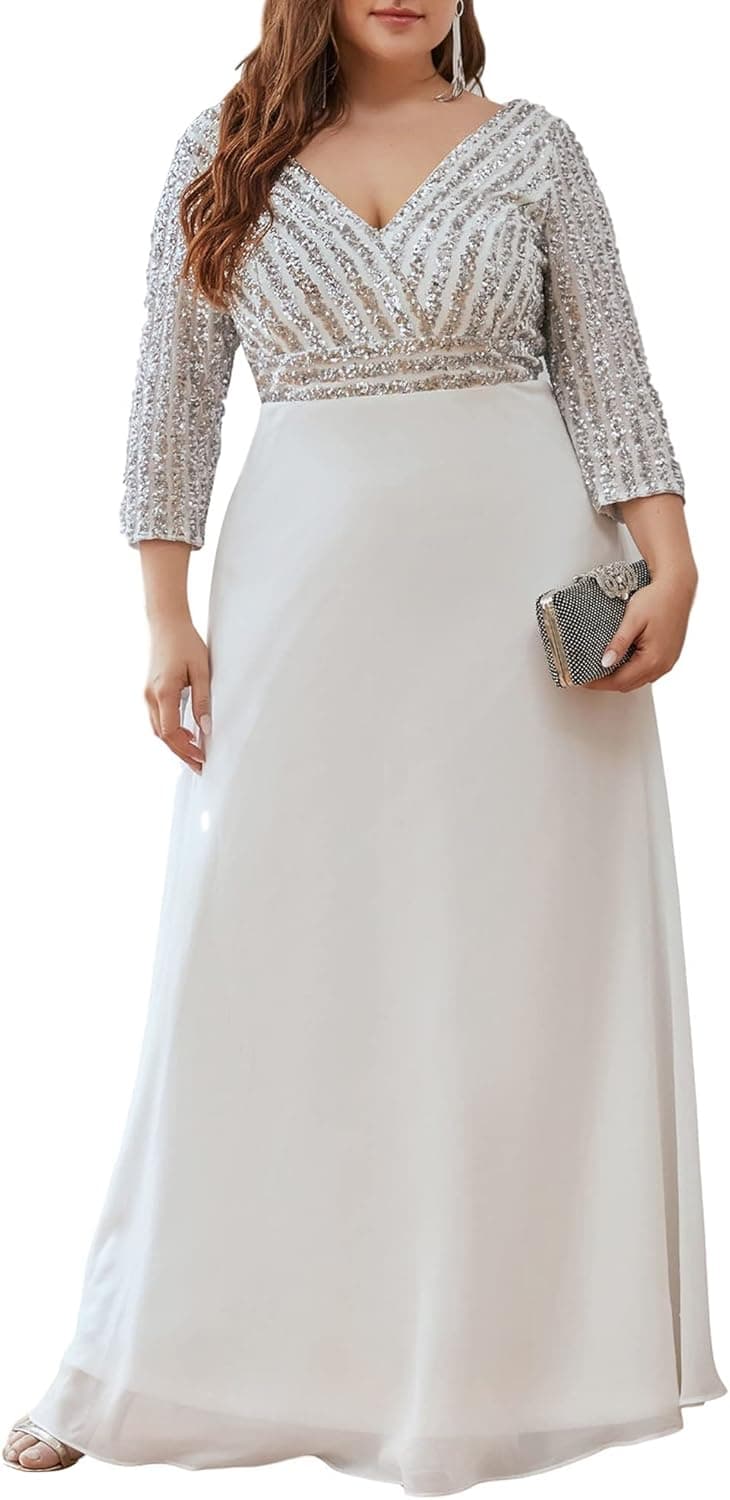 Ever-Pretty Women's Plus Size V-Neck Sparkle Evening Dresses with Long Sleeves 0751-PZ